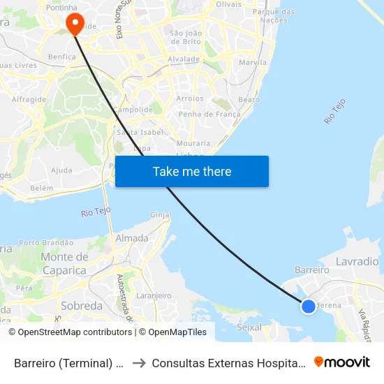 Barreiro (Terminal) P2/P5 to Consultas Externas Hospital da Luz map