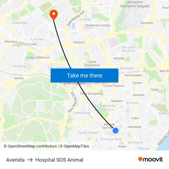 Avenida to Hospital SOS Animal map