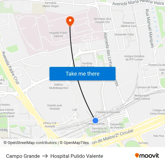 Campo Grande to Hospital Pulido Valente map