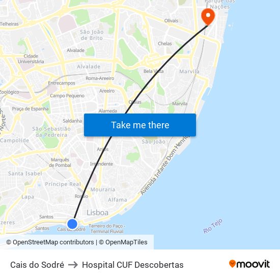 Cais do Sodré to Hospital CUF Descobertas map