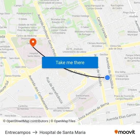 Entrecampos to Hospital de Santa Maria map