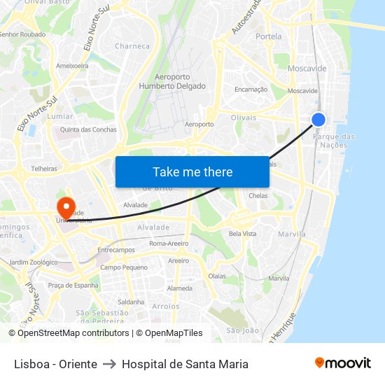 Lisboa - Oriente to Hospital de Santa Maria map