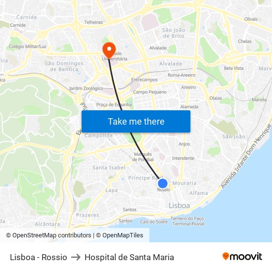 Lisboa - Rossio to Hospital de Santa Maria map