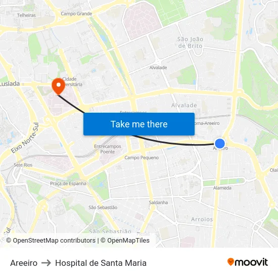 Areeiro to Hospital de Santa Maria map
