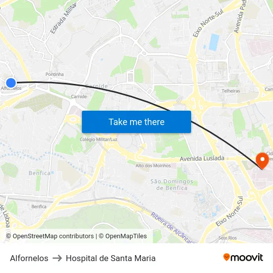Alfornelos to Hospital de Santa Maria map