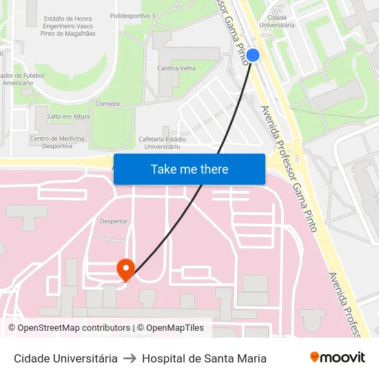 Cidade Universitária to Hospital de Santa Maria map
