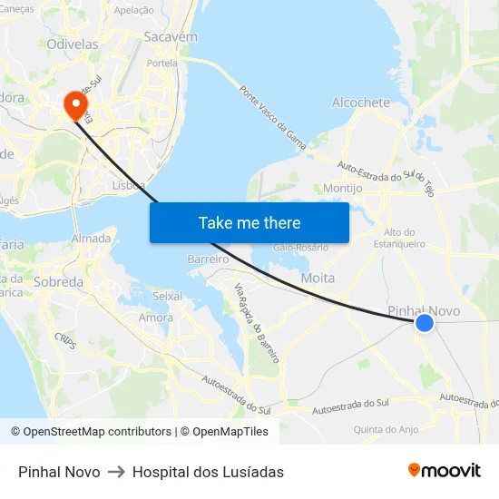 Pinhal Novo to Hospital dos Lusíadas map