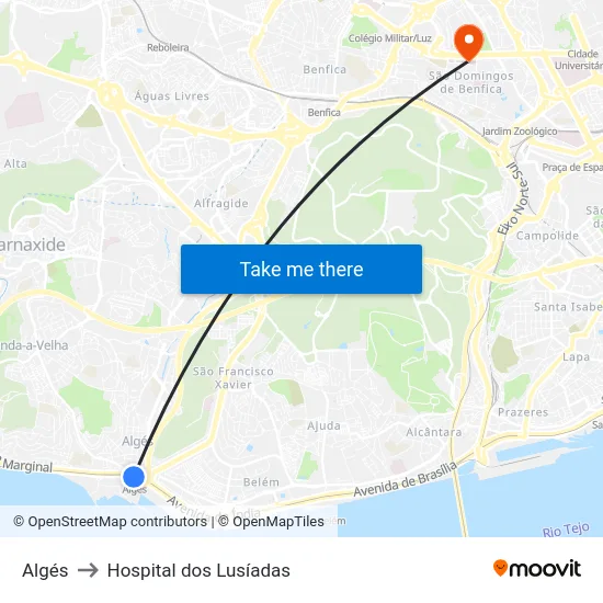 Algés to Hospital dos Lusíadas map