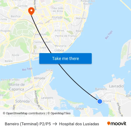 Barreiro (Terminal) P2/P5 to Hospital dos Lusíadas map