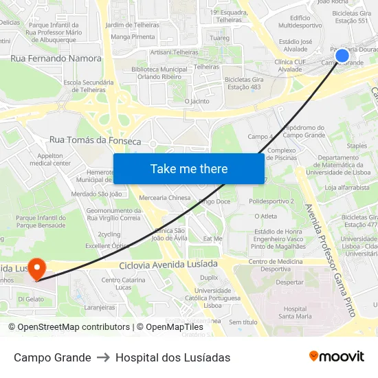 Campo Grande to Hospital dos Lusíadas map