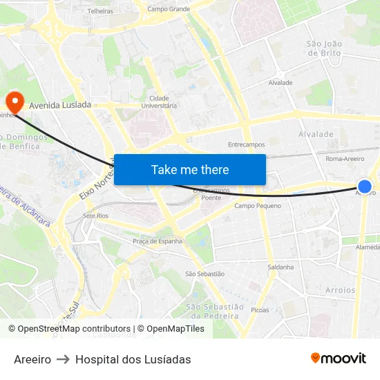 Areeiro to Hospital dos Lusíadas map
