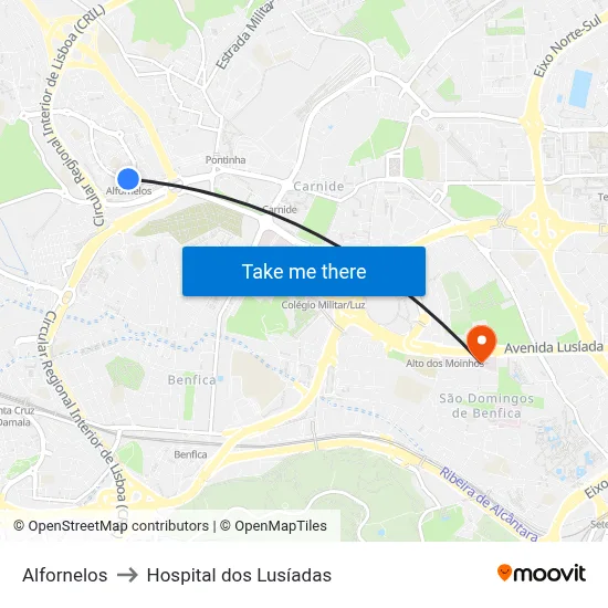 Alfornelos to Hospital dos Lusíadas map