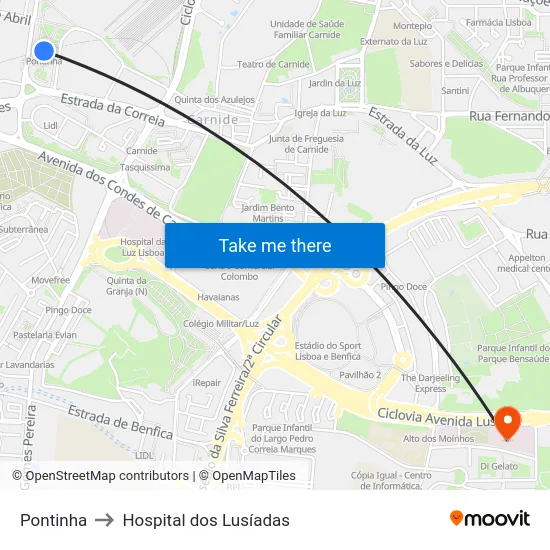Pontinha to Hospital dos Lusíadas map