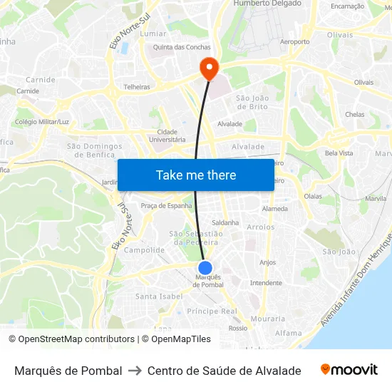 Marquês de Pombal to Centro de Saúde de Alvalade map
