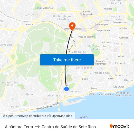 Alcântara-Terra to Centro de Saúde de Sete Rios map
