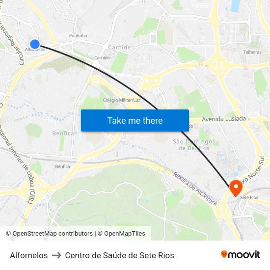 Alfornelos to Centro de Saúde de Sete Rios map
