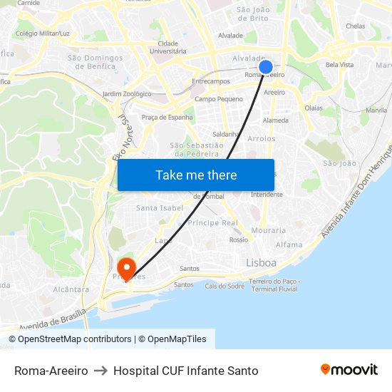 Roma-Areeiro to Hospital CUF Infante Santo map