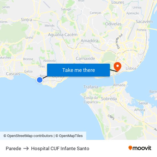 Parede to Hospital CUF Infante Santo map