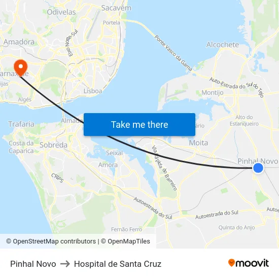 Pinhal Novo to Hospital de Santa Cruz map