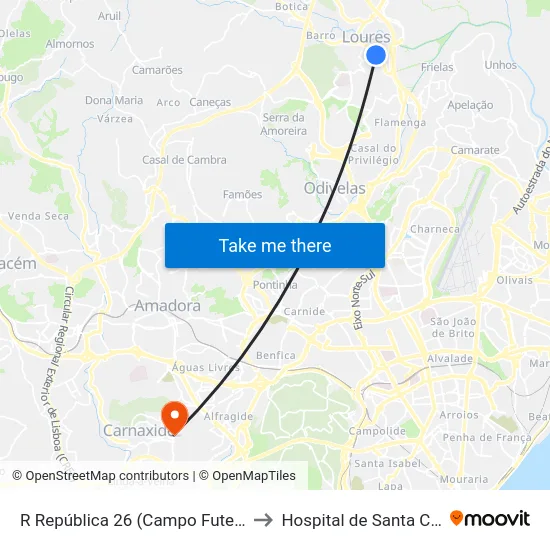 R República 26 (Campo Futebol) to Hospital de Santa Cruz map