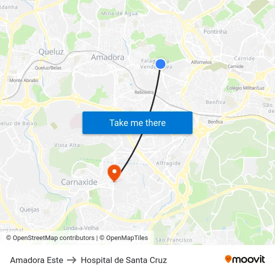 Amadora Este to Hospital de Santa Cruz map