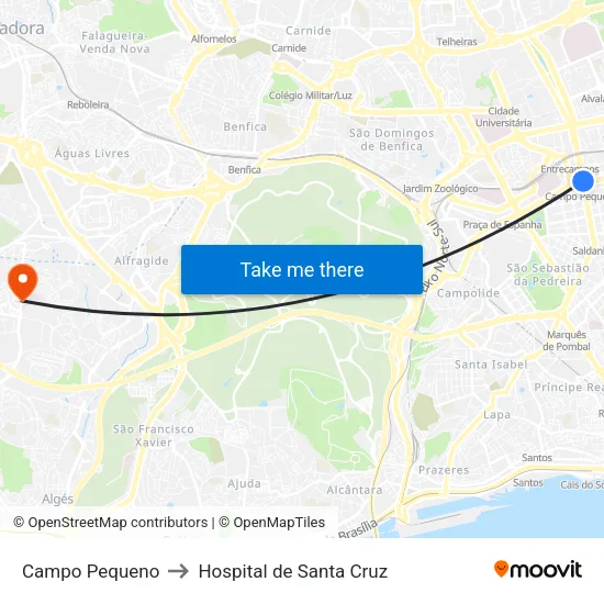 Campo Pequeno to Hospital de Santa Cruz map