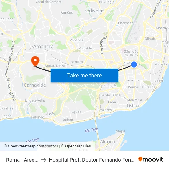 Roma - Areeiro to Hospital Prof. Doutor Fernando Fonseca map