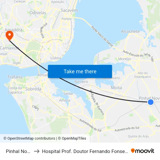 Pinhal Novo to Hospital Prof. Doutor Fernando Fonseca map