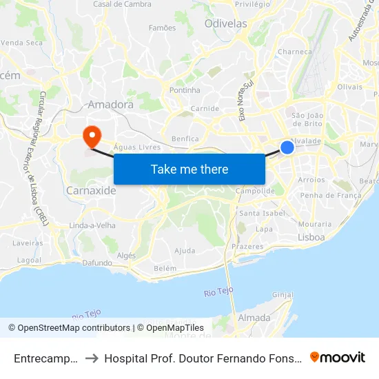 Entrecampos to Hospital Prof. Doutor Fernando Fonseca map