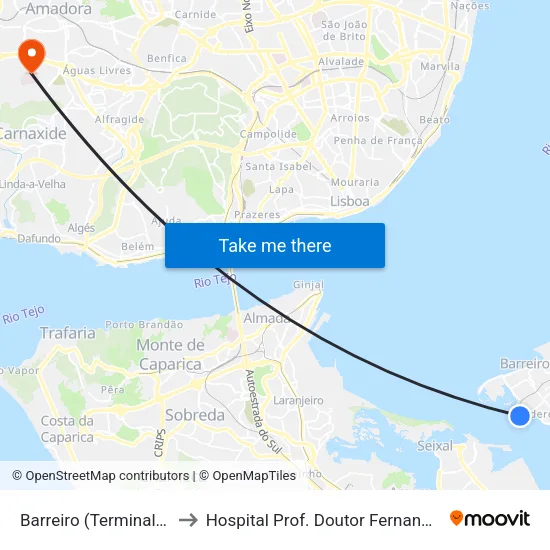 Barreiro (Terminal) P2/P5 to Hospital Prof. Doutor Fernando Fonseca map