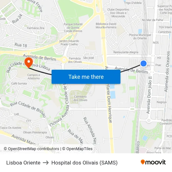 Lisboa Oriente to Hospital dos Olivais (SAMS) map