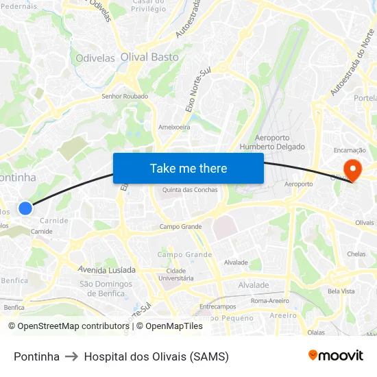 Pontinha to Hospital dos Olivais (SAMS) map