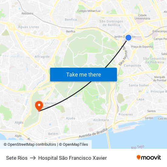 Sete Rios to Hospital São Francisco Xavier map