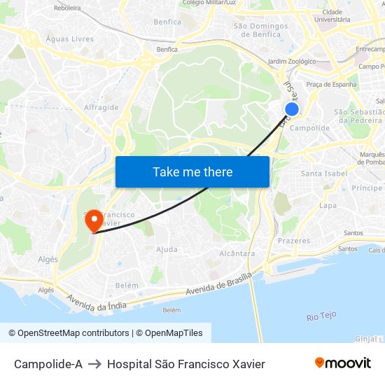 Campolide to Hospital São Francisco Xavier map