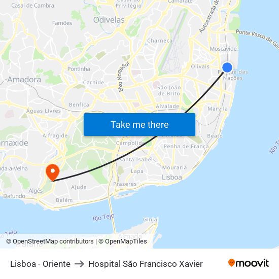 Lisboa - Oriente to Hospital São Francisco Xavier map