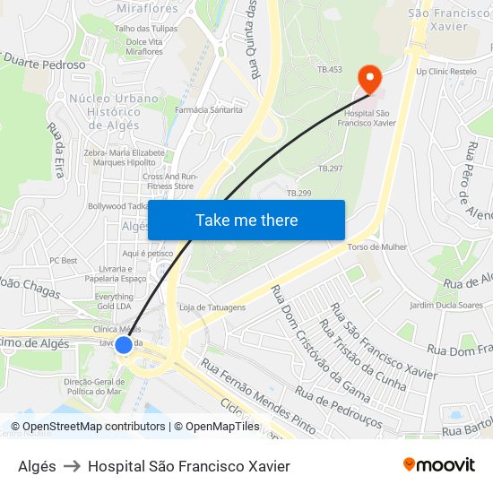 Algés to Hospital São Francisco Xavier map