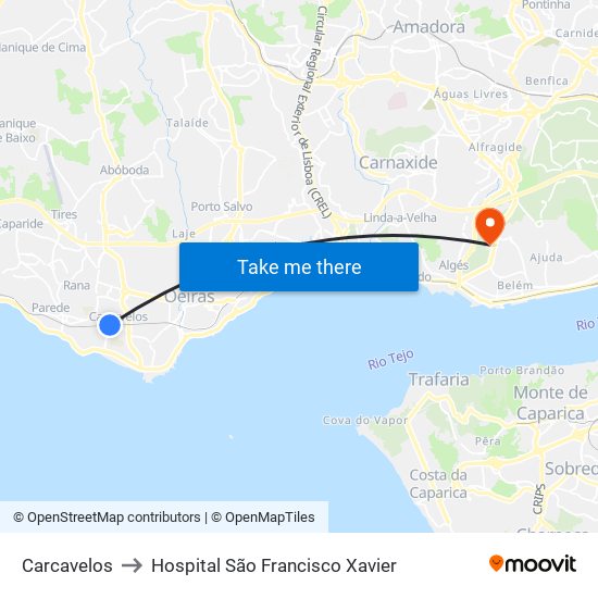 Carcavelos to Hospital São Francisco Xavier map