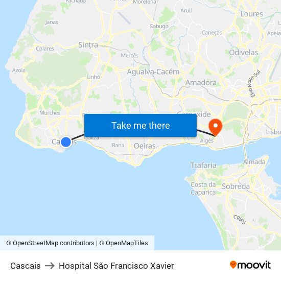 Cascais to Hospital São Francisco Xavier map