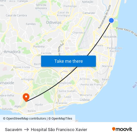 Sacavém to Hospital São Francisco Xavier map