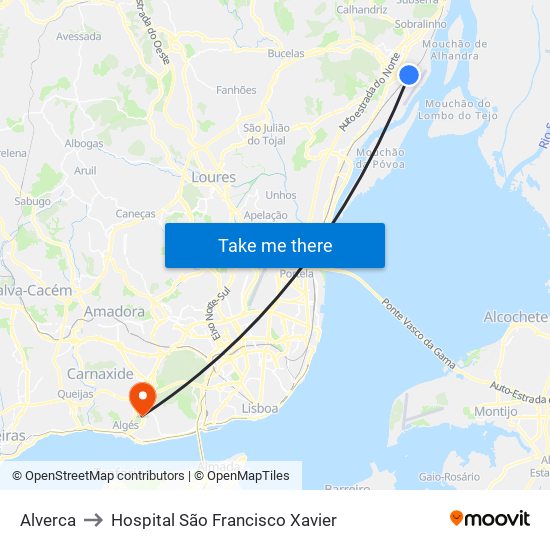 Alverca to Hospital São Francisco Xavier map