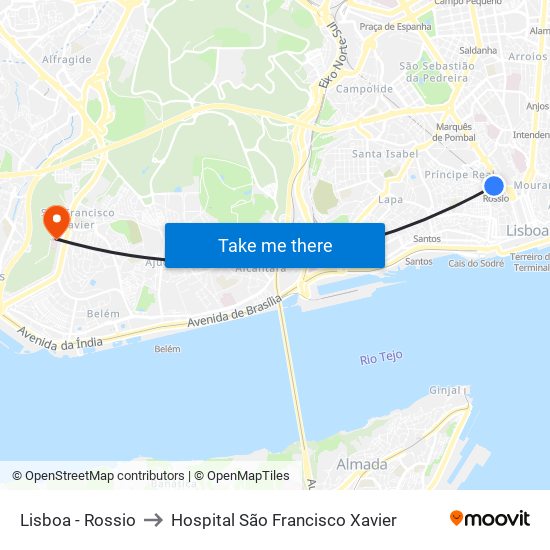 Lisboa - Rossio to Hospital São Francisco Xavier map