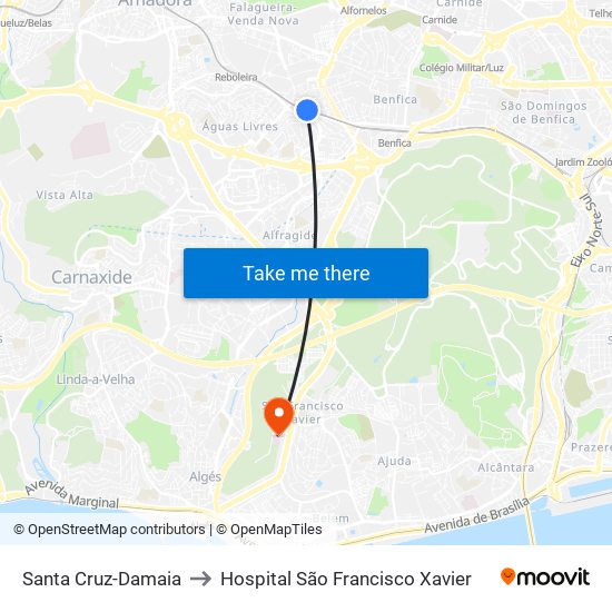 Santa Cruz-Damaia to Hospital São Francisco Xavier map