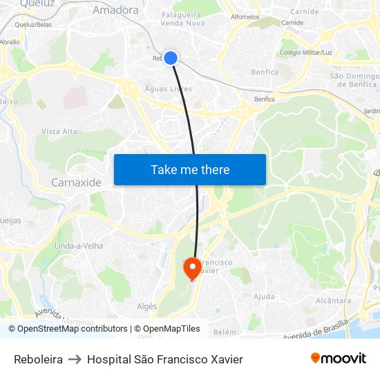 Reboleira to Hospital São Francisco Xavier map