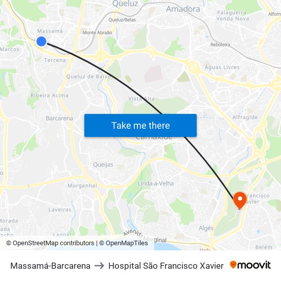 Massamá-Barcarena to Hospital São Francisco Xavier map