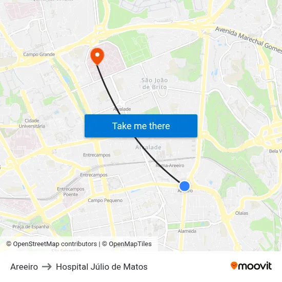 Areeiro to Hospital Júlio de Matos map