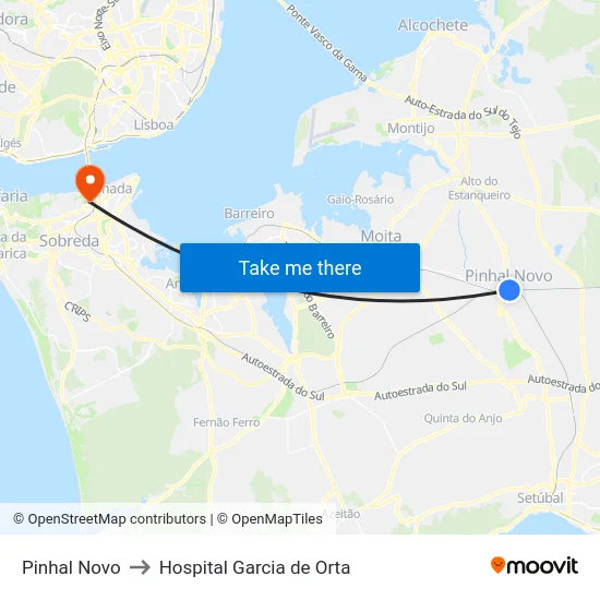 Pinhal Novo to Hospital Garcia de Orta map