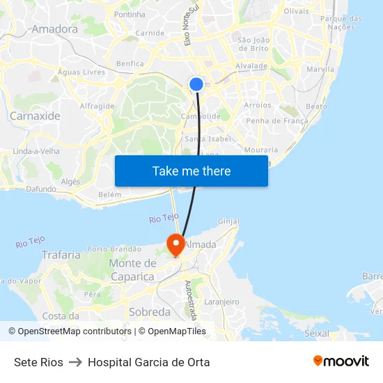 Sete Rios to Hospital Garcia de Orta map