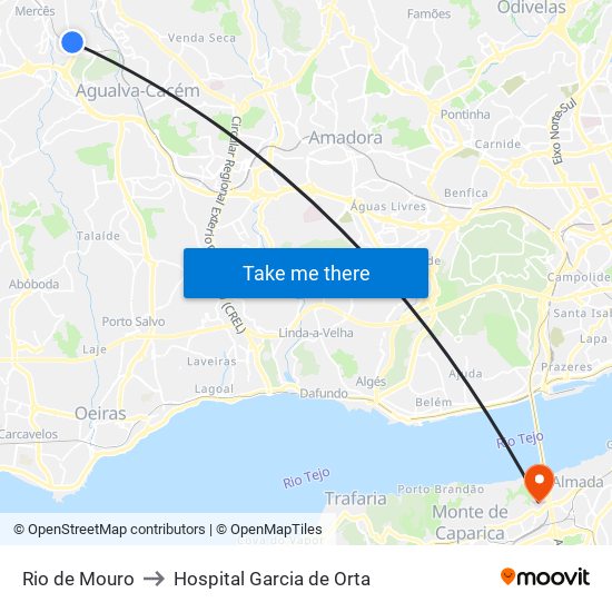 Rio de Mouro to Hospital Garcia de Orta map