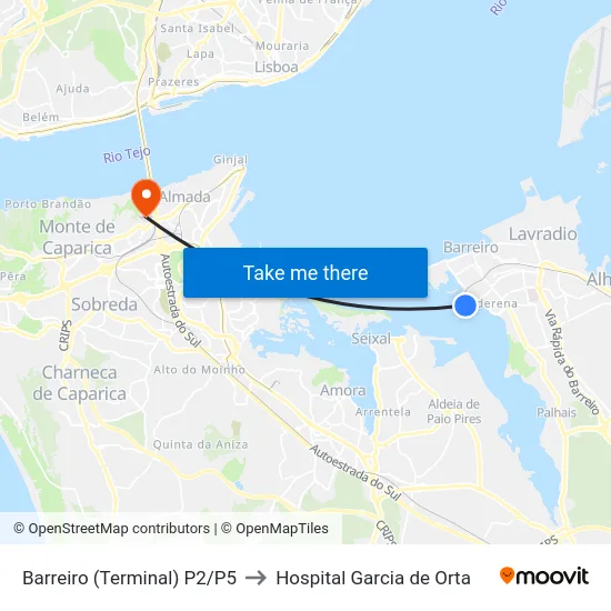 Barreiro (Terminal) P2/P5 to Hospital Garcia de Orta map