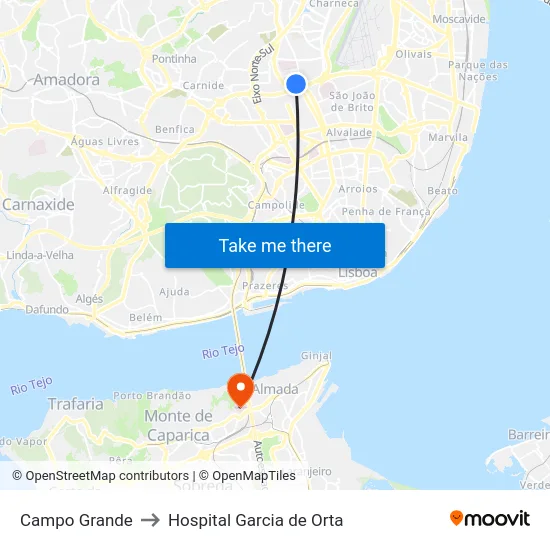 Campo Grande to Hospital Garcia de Orta map